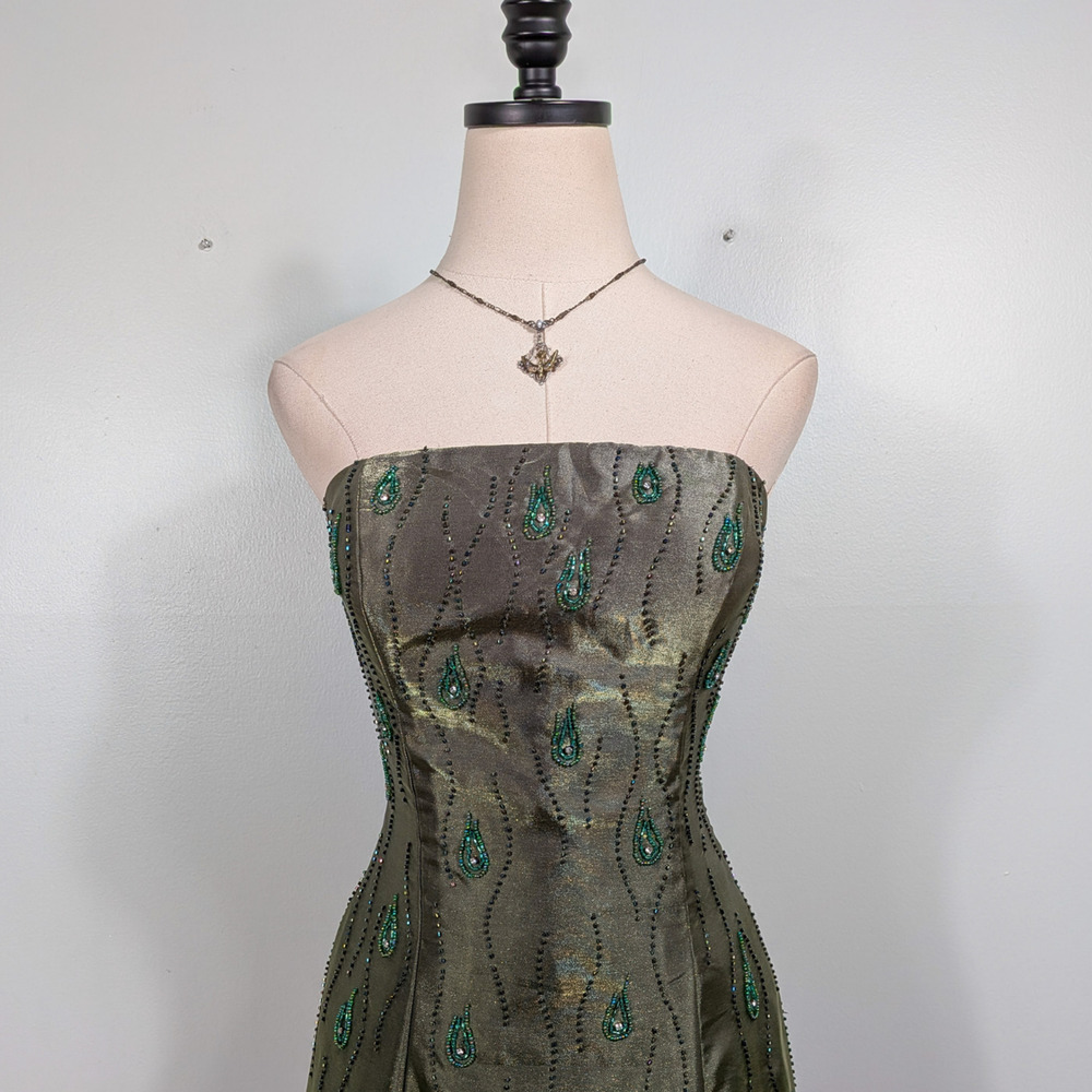 Vintage Prom Dress Maxi Gown 8 Olive Green Y2K Princess Ombre Goth Bead Glam - Picture 6 of 10